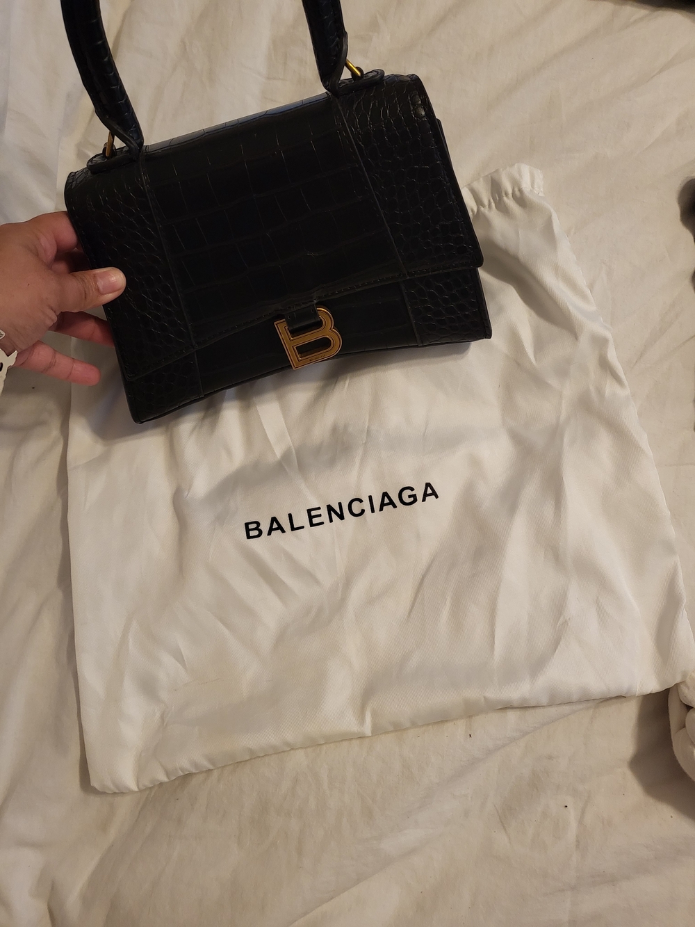 Balenciaga Hourglass Small Top Handle Bag in Black Croc Embossed